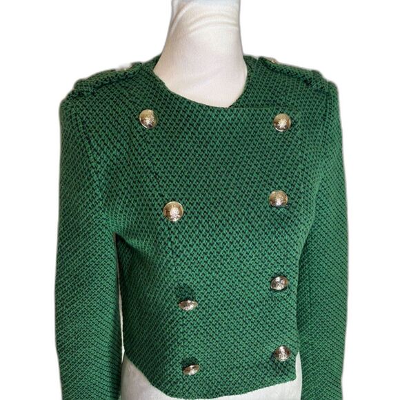 Zara Green Tweed Cropped Blogger Button Up Long Sleeve Sweater Womens Designer - Picture 3 of 7